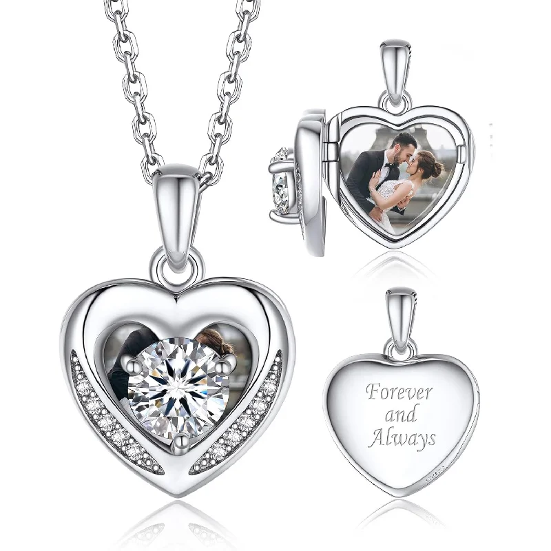 

Moissanite Heart Necklace for Women, 925 Sterling Silver Personalized Photo Locket, Christmas Valentine Birthday Gift for Her