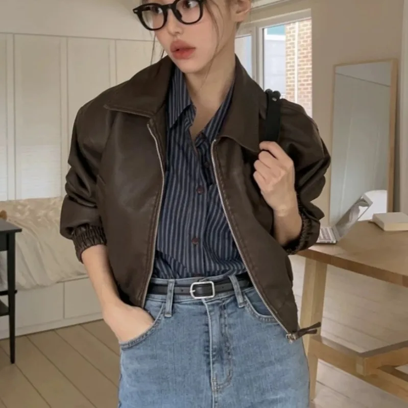 Women's Leather Jaet ort Sle Turn-down Collar Loose Fit Autumn Winter New Arrival Vintage Cool Thiened Long Sve Top