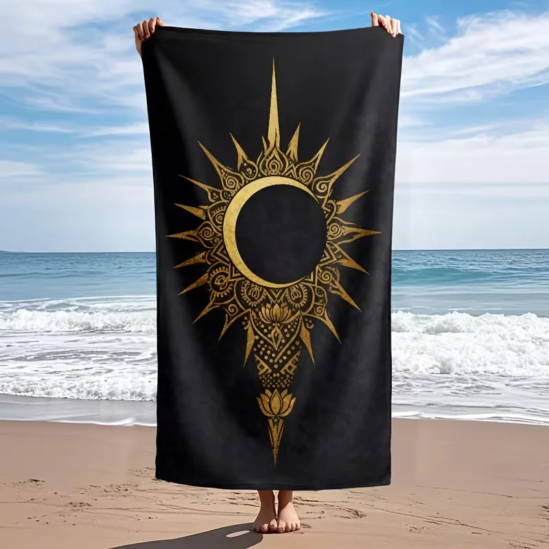Golden Sun Crescent Moon Beach Towel Black Boho Tribal Totem Print Sand Resistant Towel Bohemian Beach Yoga Use