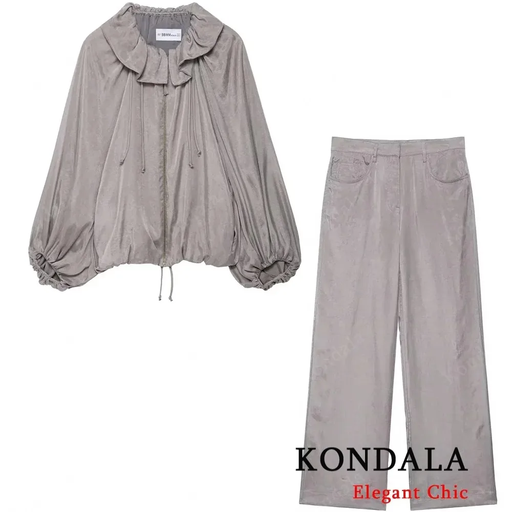 

KONDALA Women Casual Pants Set Loose Zipper Bomber Jacket Pocket Long Pants 2025 Spring Fall Fashion High Street Chic Mujer Set
