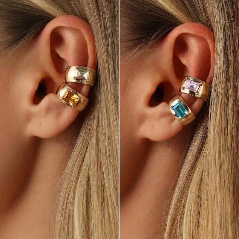 Square Glass Drill C-Shape Clip Earrings Women Personality Alloy Charm Ear Accessories Jewelry