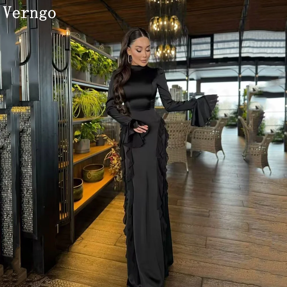 

Verngo Black Satin Evening Dress O Neck Puff Long Sleeves A Line Prom Gown Arabic Formal Prom Party Dress Customized