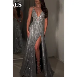 ROSES Silver Sequin Beach Prom Dresses Deep V Neck Evening Dress Sexy Side Split فساتين مناسبة رسمية Spaghetti Strap Party Gown