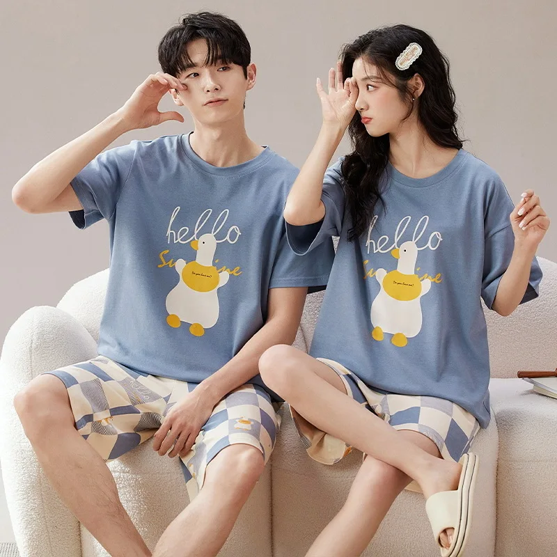 Summer Pajama Sets for Women Men Short Sleeve T-shirts+Shorts 2Pcs Suits Nightwear Cartoon Sleepwear Couple Casual Home Clothes