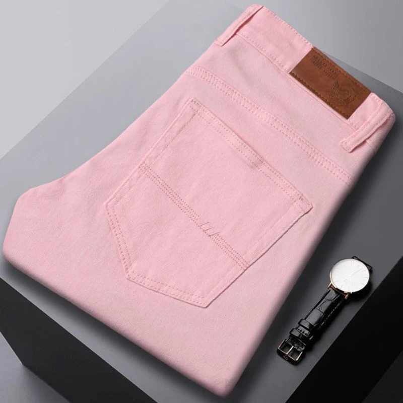 New High Quality Men\'s Trend Yellow Red White Jeans 2024 Spring Autumn Male High Waist Casual Pants Classic Brand Denim Trousers