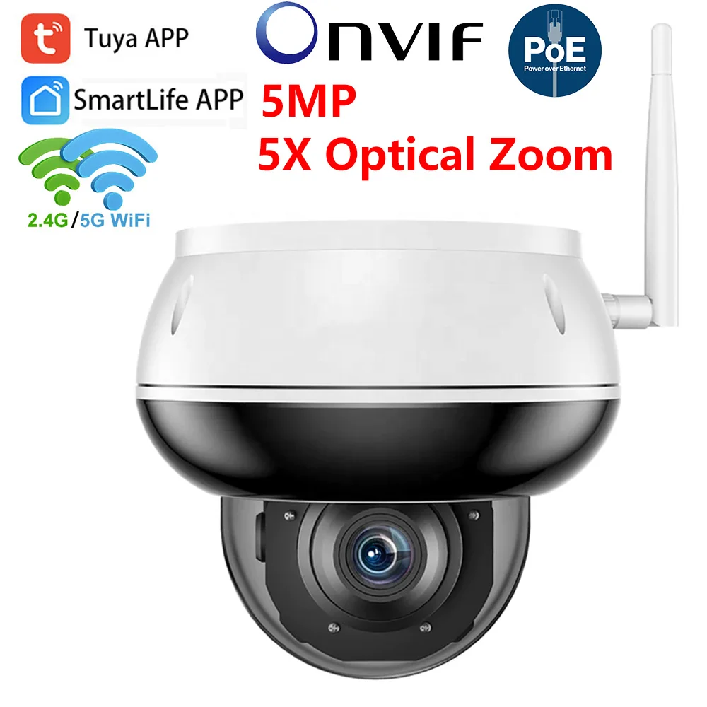 Tuya SmartLife 2.4G 5G WiFi 5MP WiFi ONVIF POE Motion Tracking Night Vision Outdoor PTZ 5X Optical Zoom CCTV Dome Audio Camera
