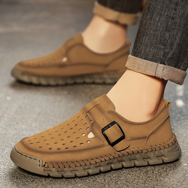 Summer Men's Perforated Breathable Handmade Stitched Cowhide Soft Sole Single Shoes Fashion Outdoor Men Comfortable Casual Shoes