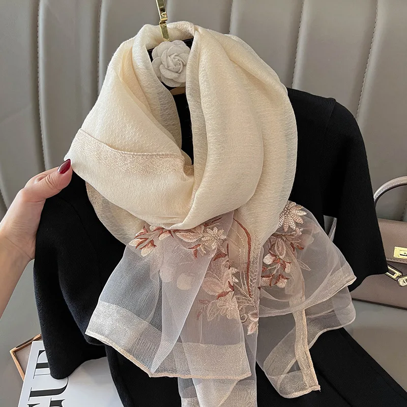 Luxury Brand Silk Wool Women Scarf Embroidery Shawl and Wraps Foulard Female Hijab Bandana scarves for lady flowers beach stoles