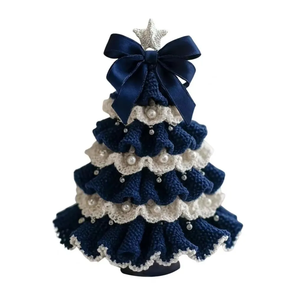 Handmade Crochet Christmas Tree Kit Festival with Bow Faux Pearl Christmas Party Crochet Decoration