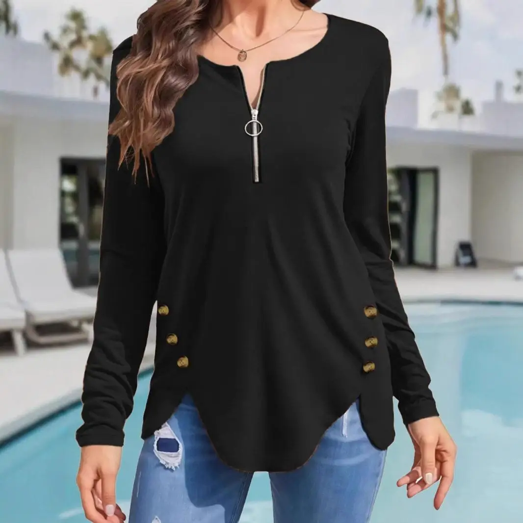 

Spring Large Size Women's Long Sleeve round Neck Zipper Button Pure Color Independent Station Clothing Citywalk Knitted Dress