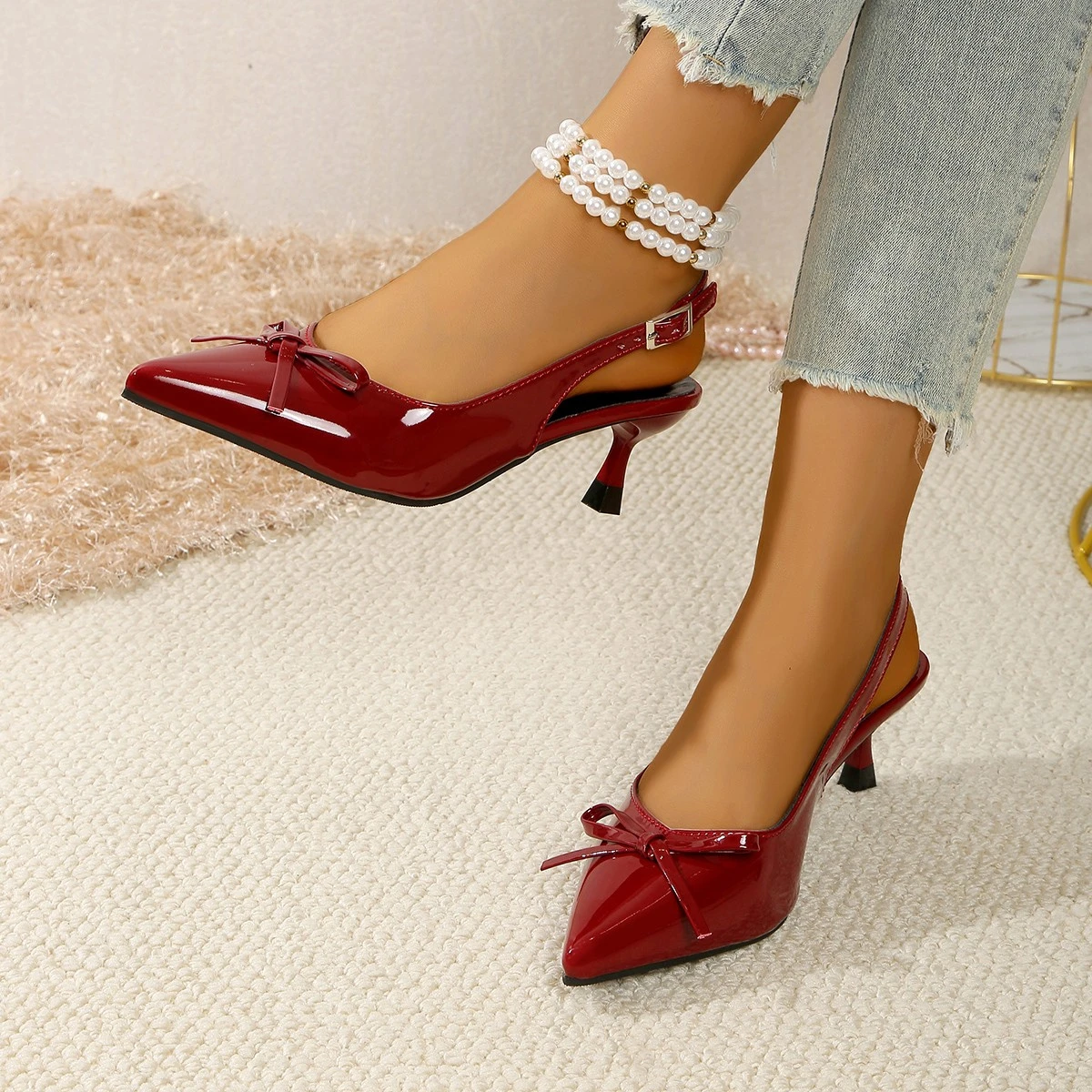 

Bow commuting single shoes for women, new summer style with a single buckle and pointed toe versatile high heels for women