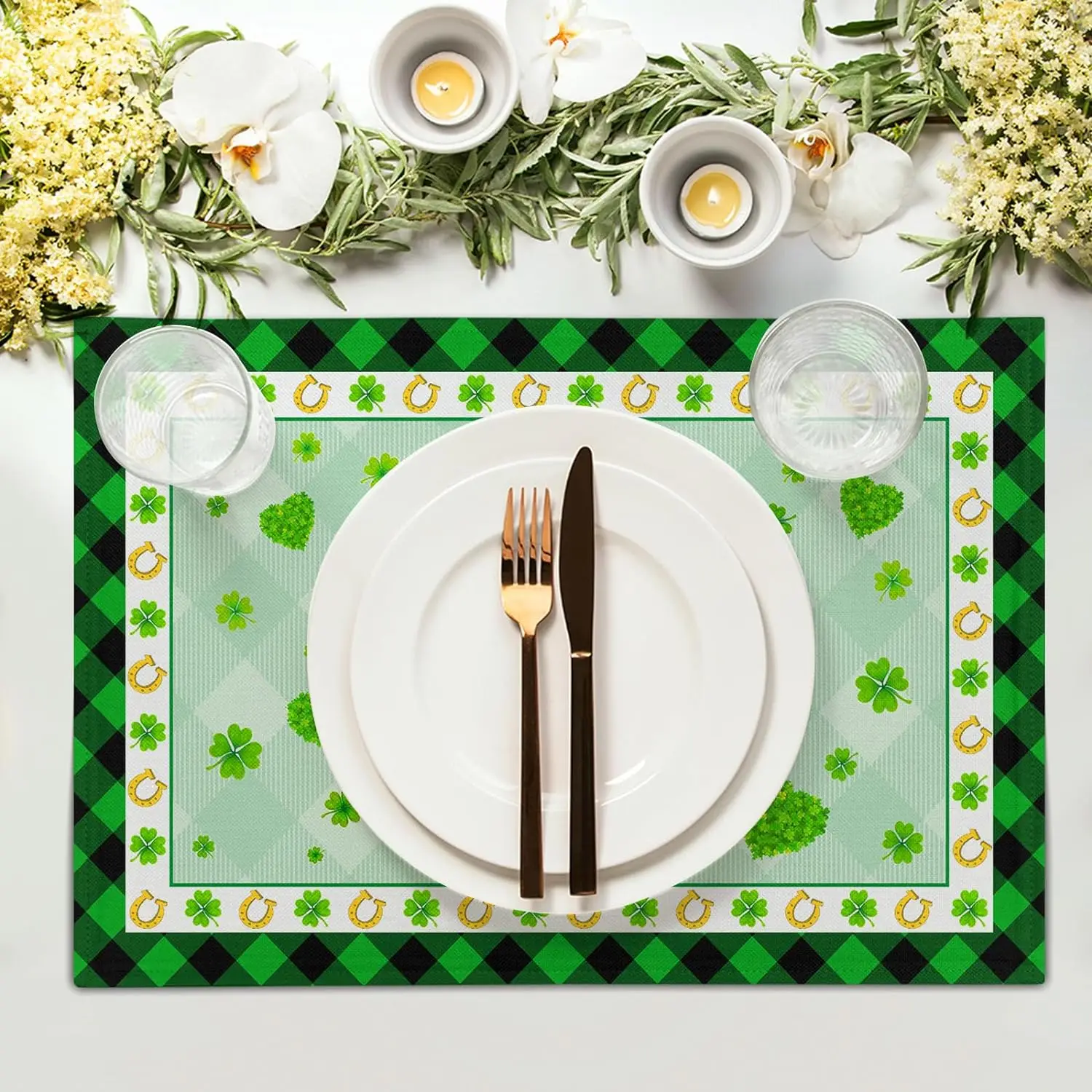 1Pc St Patricks Day Linen Placemats Table Decor Clover Irish Shamrock Green Table Mat Heat-Resistant Place Mat for Kitchen Decor