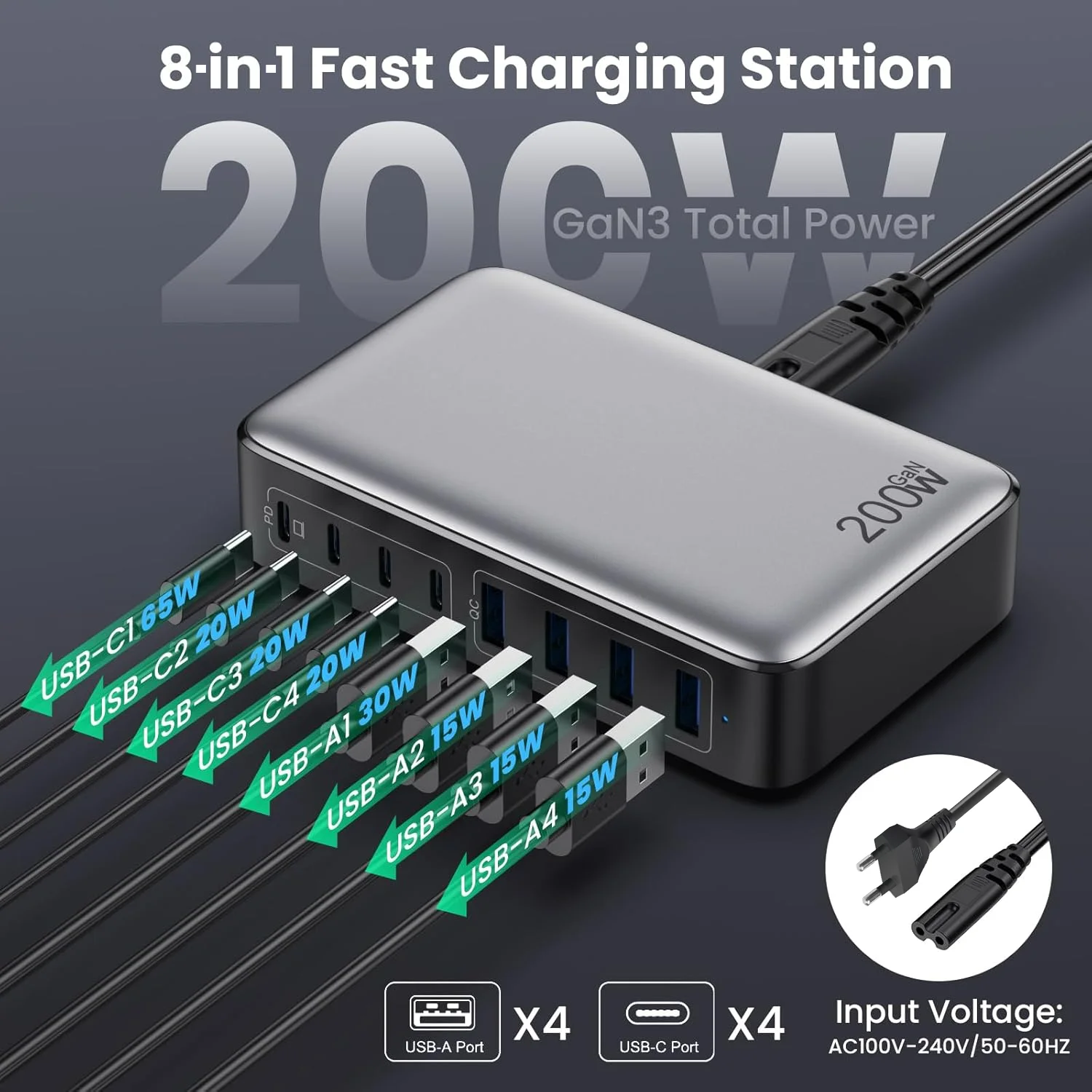 Station de charge rapide USB C, chargeur de nuit, concentrateur 8 ports, adaptateur pour ordinateur portable, MacPle, DELL, iPhone,Galaxy, PD, 65W, 200W