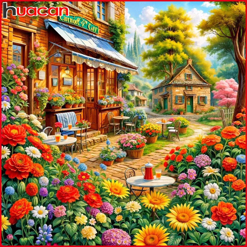 Huacan 5D-Diamantgemälde zum Selbermachen, Straßenhaus, Blume, Diamant-Mosaik, Landschaft, neue Kollektion 2025, dekorative Gemälde