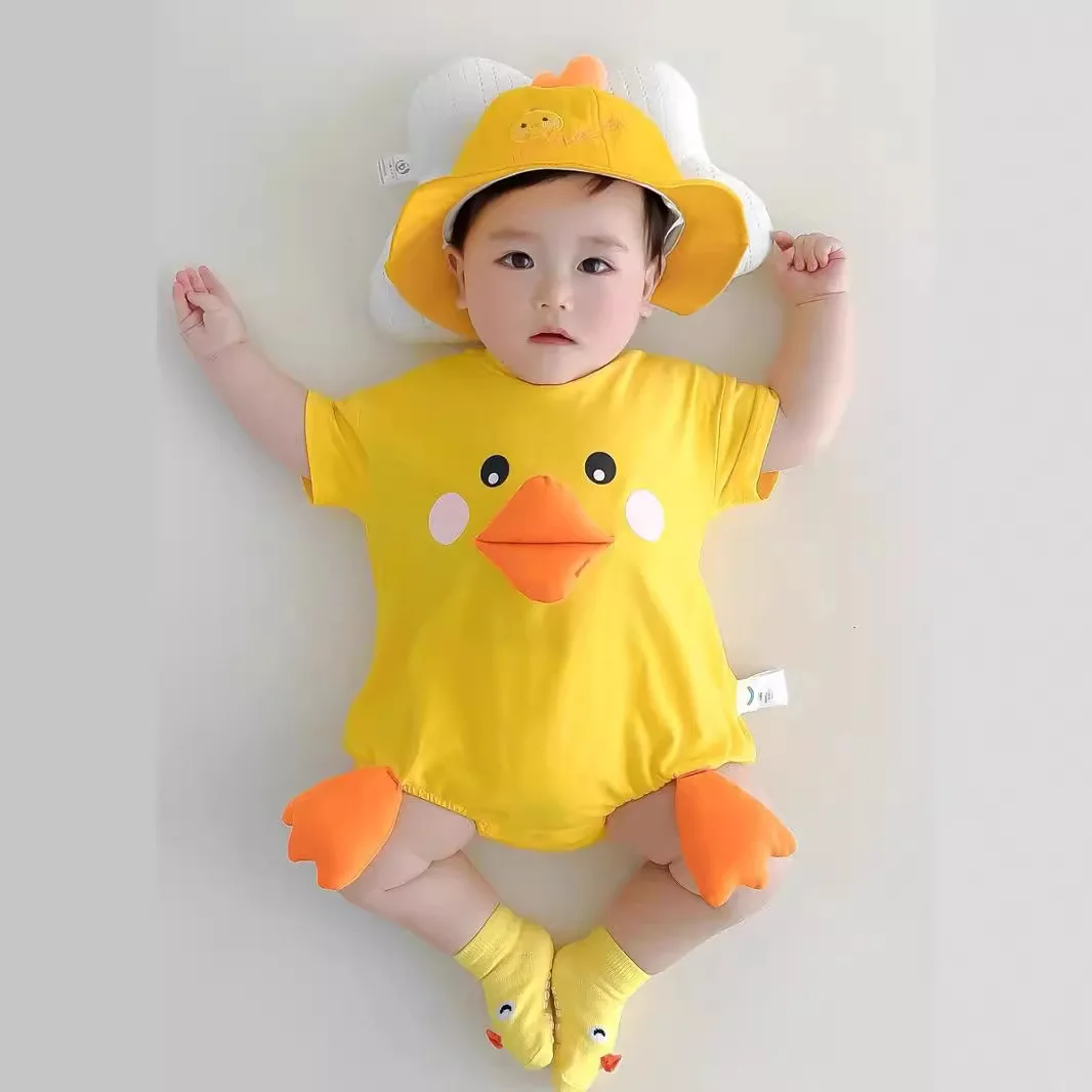 Babykleidung, bezaubernder 3D-Enten-Strampler für Mädchen und Jungen, Sommer, leichter Overall aus 100 % Baumwolle mit Hut und Socken, Rollenspiel-Kostüm