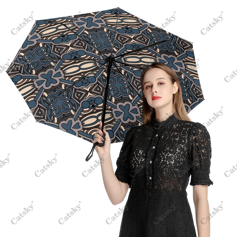 Ethnic Oriental Pattern Umbrella Rain Women 3-Folding Fully Automatic Umbrellas Sun-Protection Outdoor Travel Tool Parapluie