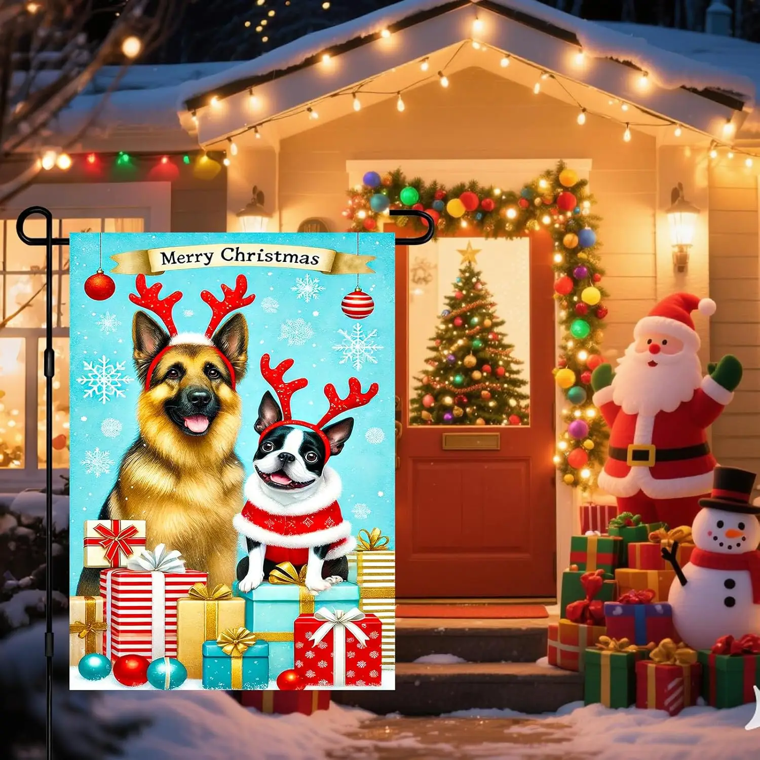 Merry Christmas Garden Flag German Shepherd Boston Terrier Flag Reindeer Antlers Snowy 12x18 Inch Double Sided Outdoor Banne hhz