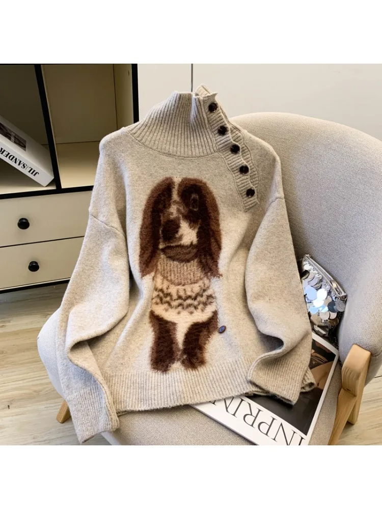 

Винтажные повседневные пуловеры с длинными рукавами и принтом щенка, зимняя мода 2025, вязаные джемперы, женские свободные женские свитера, топ