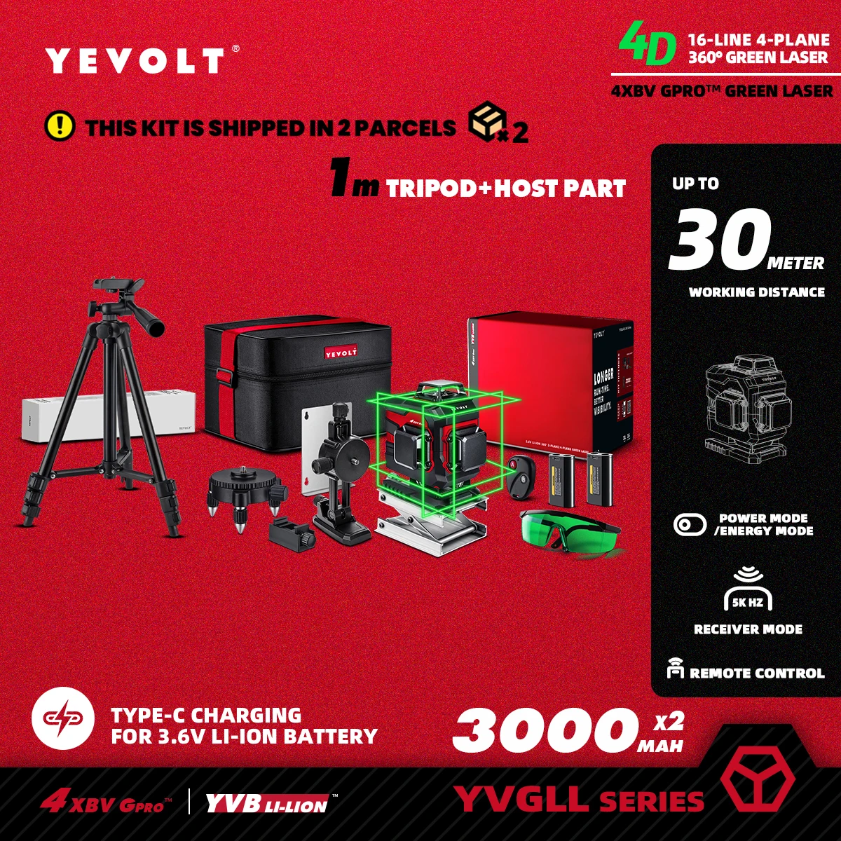 YEVOLT Green Laser Level TL-YVGLL4XS-Series 3/4-Plane 12/16-Line Self-leveling 360 3D/4D Power x 2 Measuring Tool-1M Tripod