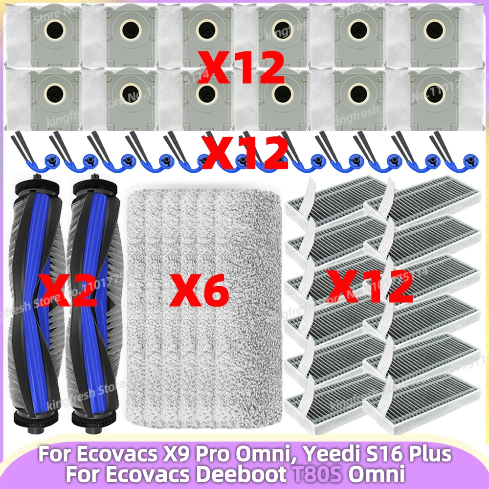 Compatible avec (ECOVACS X9 PRO OMNI, ECOVACS DEEBOT T80S Omni – non compatible avec T80 Omni, YEEDI S16 PLUS) Pièces d’aspirateur Rouleau principal Brosse latérale Filtre Rouleau Chiffon Sac à