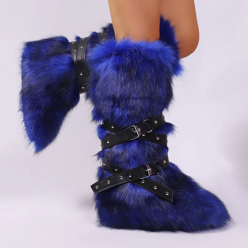 

Sexy Long High Tube Boots Snow Boots New Cross Belt Fur Long Fur Boots Warm Winter Low Heel Round Toe PVC Bot Rubber