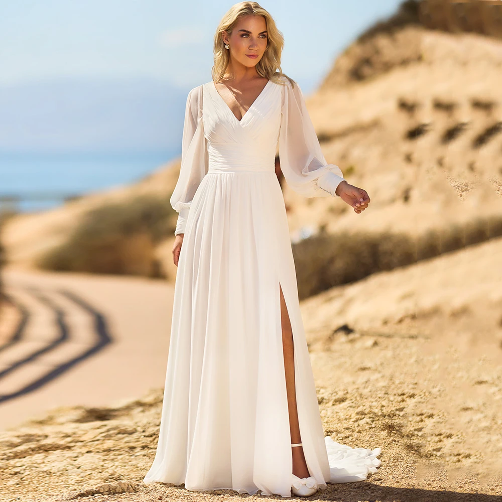 

Customized A-Line Chiffon Beach Wedding Dress with Side Slit Elegant Pleats V-Neck Long Sleeves Bridal Gowns Vestidos De Novia