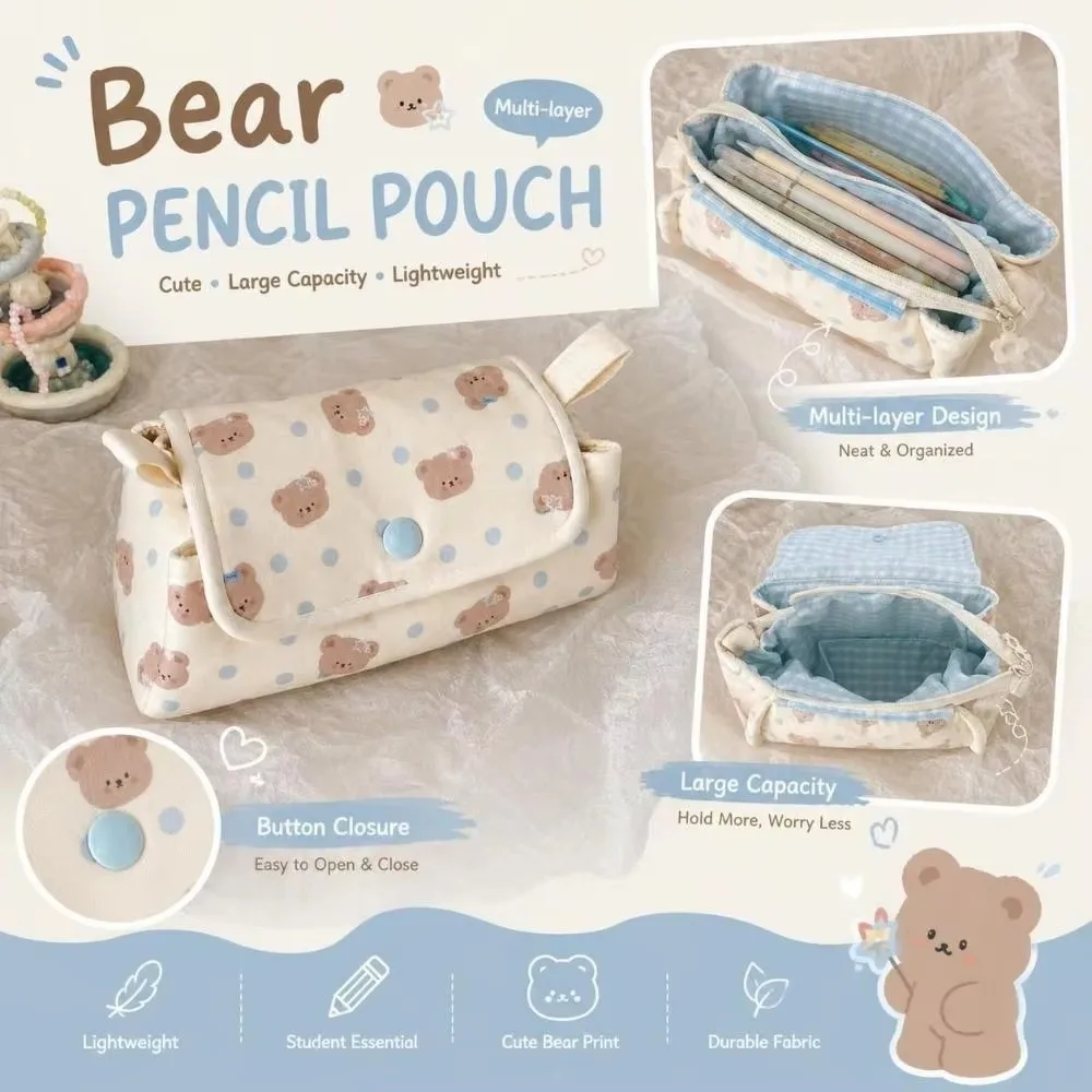 Multi-Layer Pencil Pouch Button-closure Large Capacity Pencil Case Bear Printed Lightweight Pen Bag School Supplies