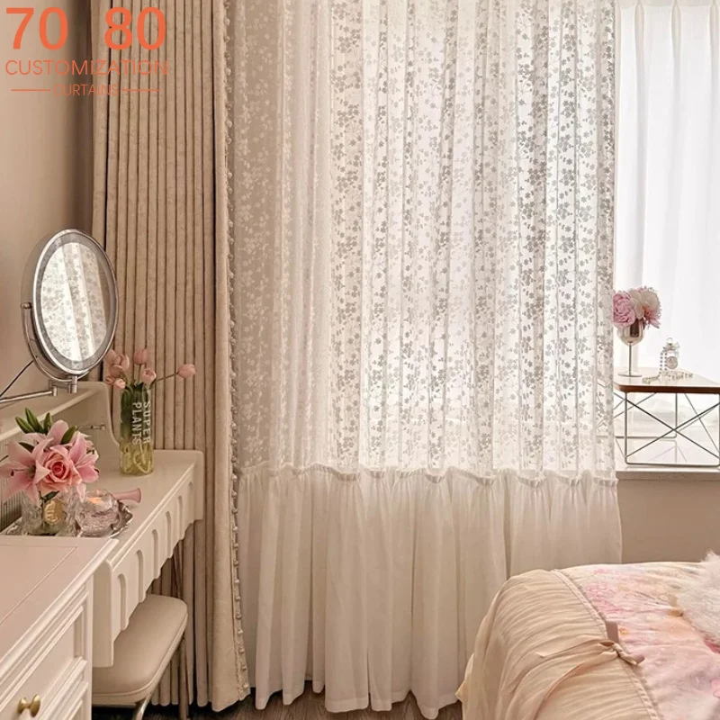New French Floral Lace Skirt Princess Room Screen Curtains for Living Room Bedroom French Window Balcony Window Customized