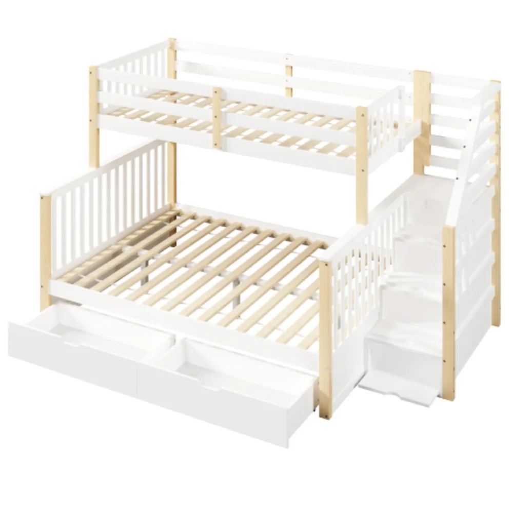 Multifunktionales Holz-Etagenbett mit Ausziehbett, Schubladen, Stauraum, Sicherheitsgeländern, Twin-über-Full-Format, ohne Matratze, Weiß und Naturfarben