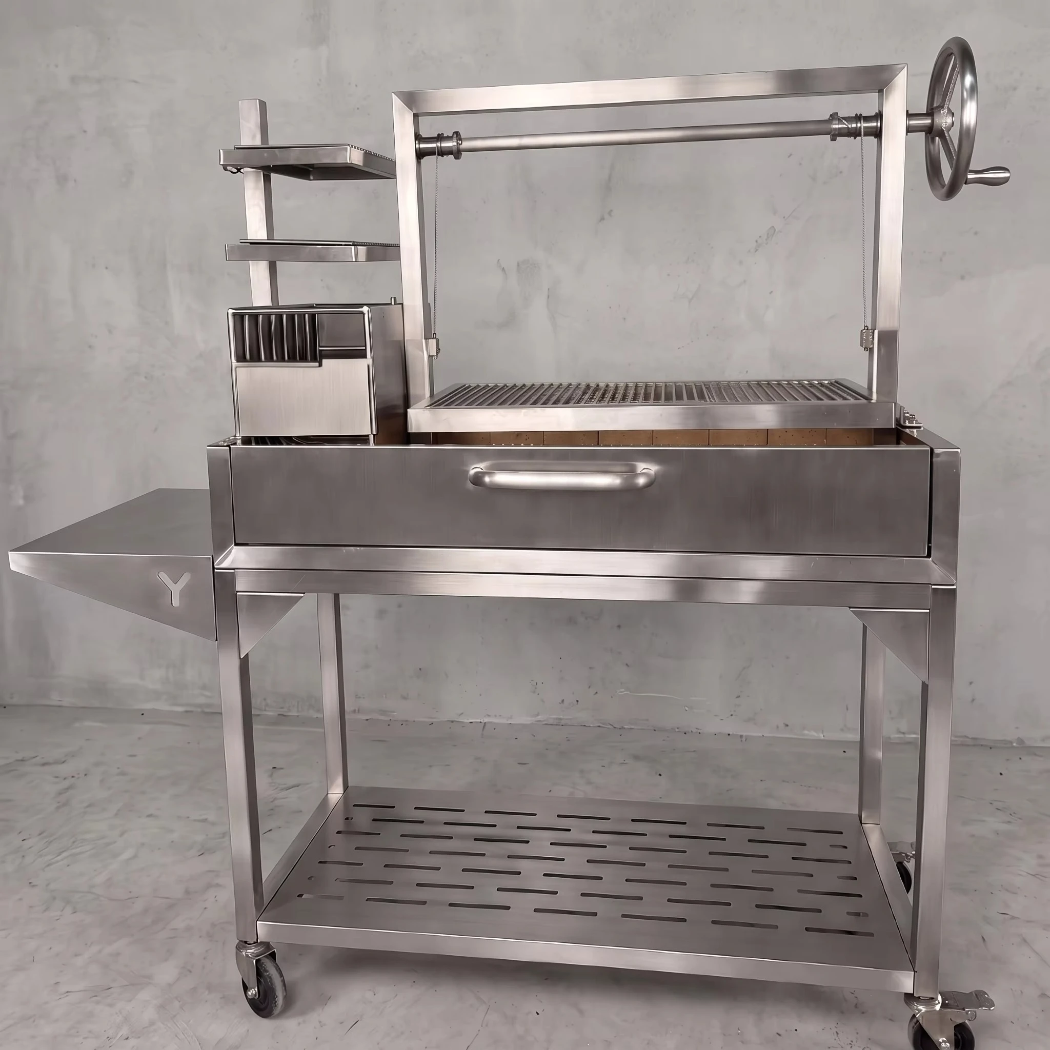 Argentine Style Wood Charcoal BBQ, Santa Maria Grill with Stainless Steel Side Brasero, Outdoor Cooking Grills, Patio Barbecue