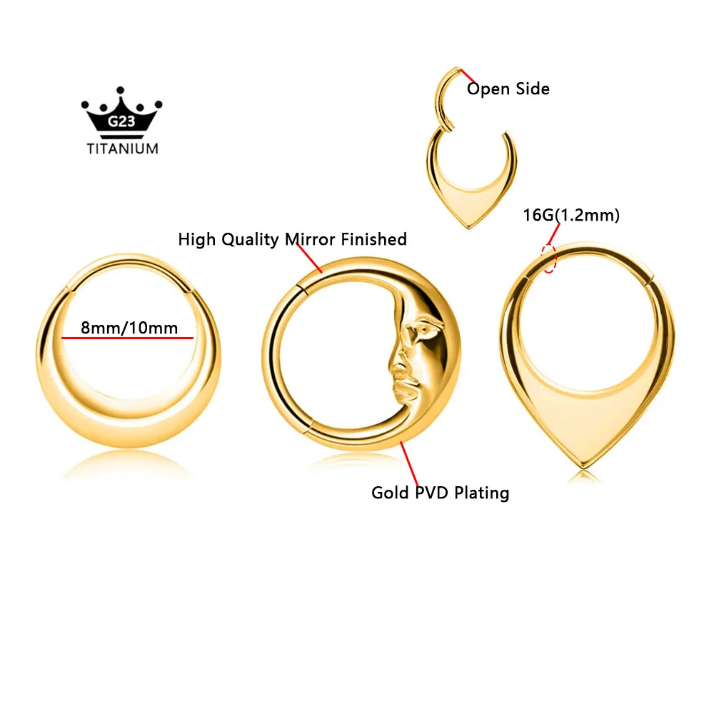 ASTM F136 G23 Titanium 16G Snake Bee Moon Flame Septum Piercing Heart Tusk Helix Hinged Daith Conch Earring Opal Hoop Nose Ring