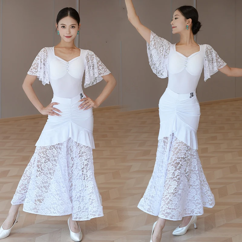 Novas saias de dança de salão rendas grande balanço saia espinha de peixe trajes roupas de prática valsa dança desempenho roupas wear dql11803