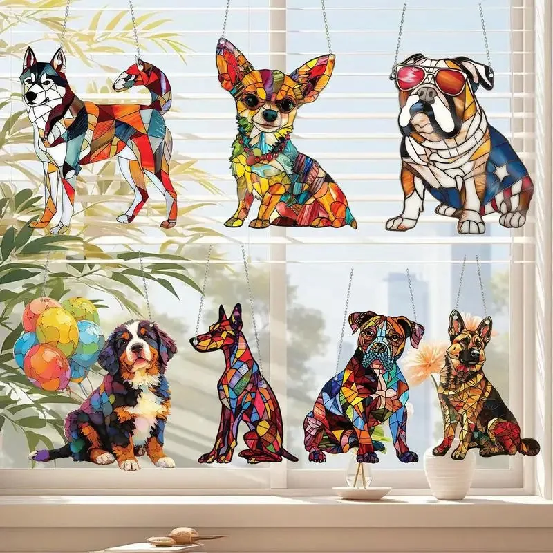 2D Acrylic Pendant Colorful Pet Dog Stained Suncatcher Window Hanging Pendants Animals Ornament for Garden Home Room Wall Decor