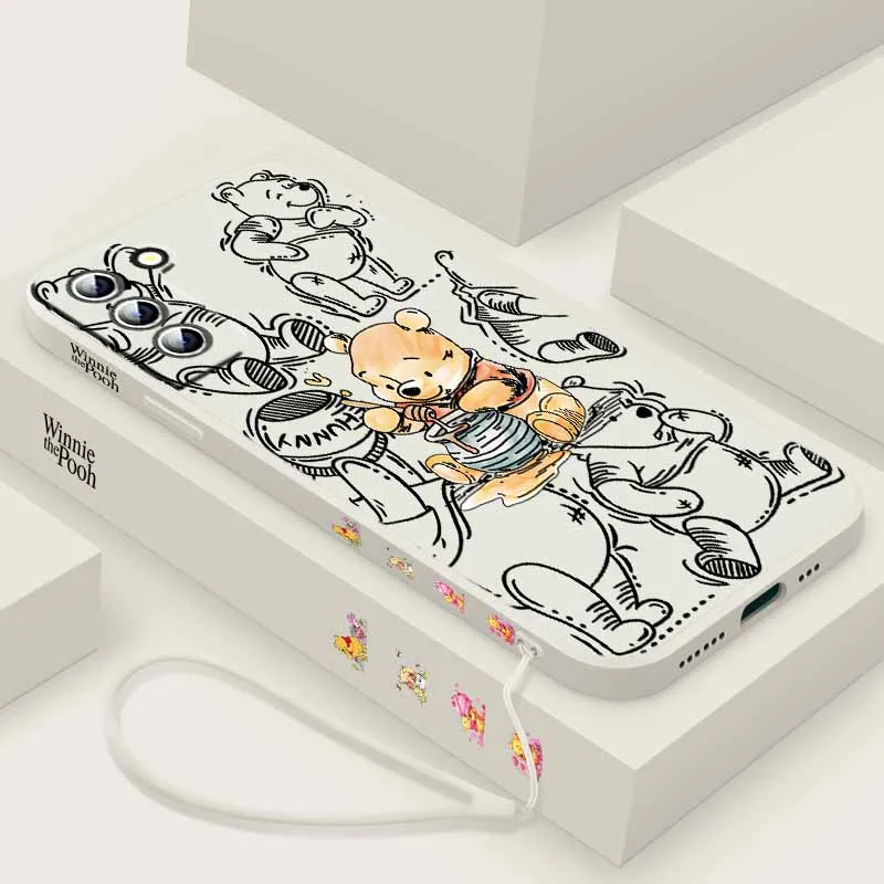 Cute little bear Pooh For Samsung A73 A72 A71 A60 A57 A56 A55 A54 A53 A52 A36 A34 A27 26 A17 Liquid Left Rope Silicone Capa