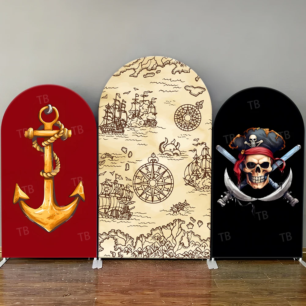 

Pirate Theme Arch Backdrop Cover Treasure Map, Skull Flag for Kids Birthday Party Retro Style Photo Booth Background Decor Prop