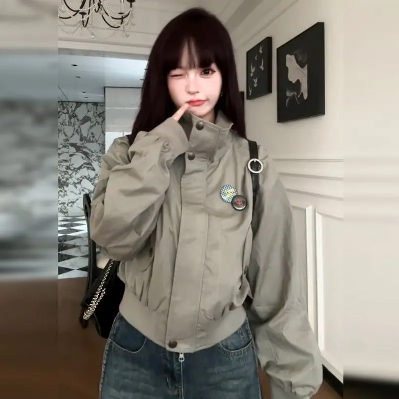 Womens American Retro Flight Jacket Autumn Winter Loose Slim Casual Cropped Baseball Outerwear Tops