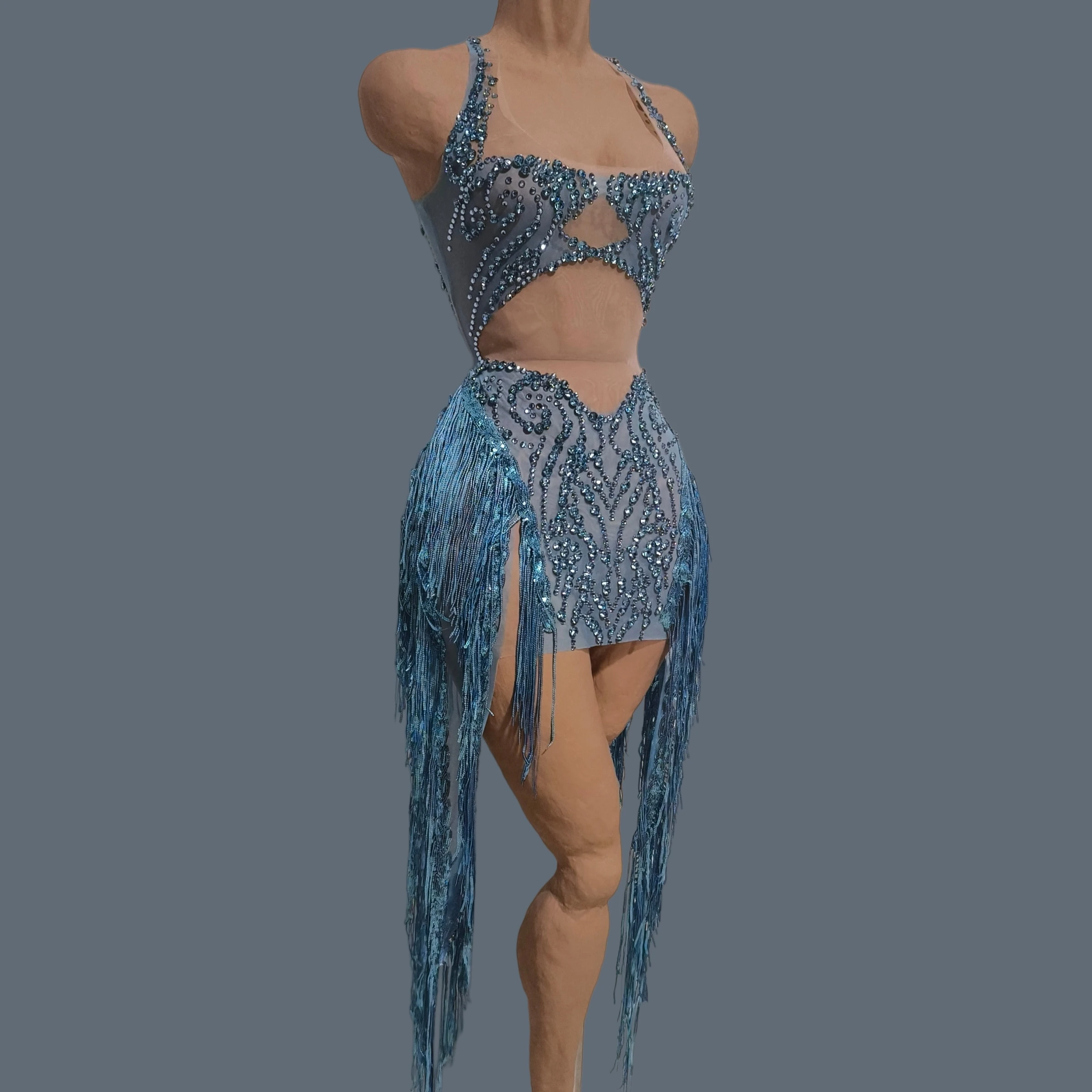 

Fashion Blue Rhinestone Tassel Mini Dress Sparkly Stage Performance Outfit Women Dance Show Dress Party Club Sexy Wear Shuiling