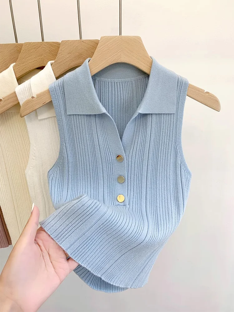  Collar Knitted Vest Women's Summer Unique Exquisite Svel Base irt Slim Fit Top Commute Sle ort Length Single...
