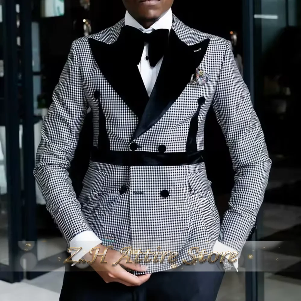 

Fashionable Men's Suit Velvet Peak Lapel Houndstooth Jacket Black Pants 2pcs Custom-made Clothes for Wedding Groom Dinner Party