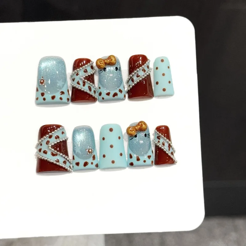 

10PCS Y2K Short DuckBill Press on Nails Cute Cartoon Cat Handmade Fake Nails Sweet Bow Chain Blue Brown Polka Dot Acrylic Nails