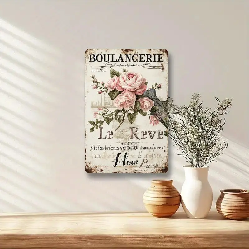 Pink Vintage French Boulangerie Le Reve Metal Tin Sign - 2D Flat Rustic Shabby Chic Roses & French Bakery Decor, 20X30Cm Durable