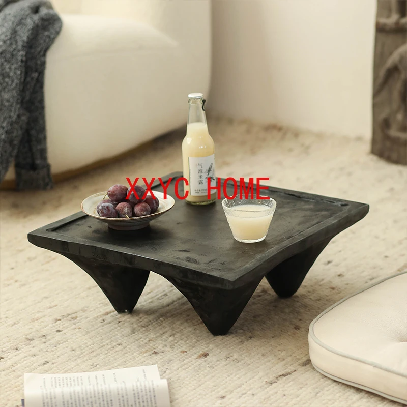 Black Four-Legged Square Small Tea Table Vintage Distressed Bay Window Short Tea Table Decorations