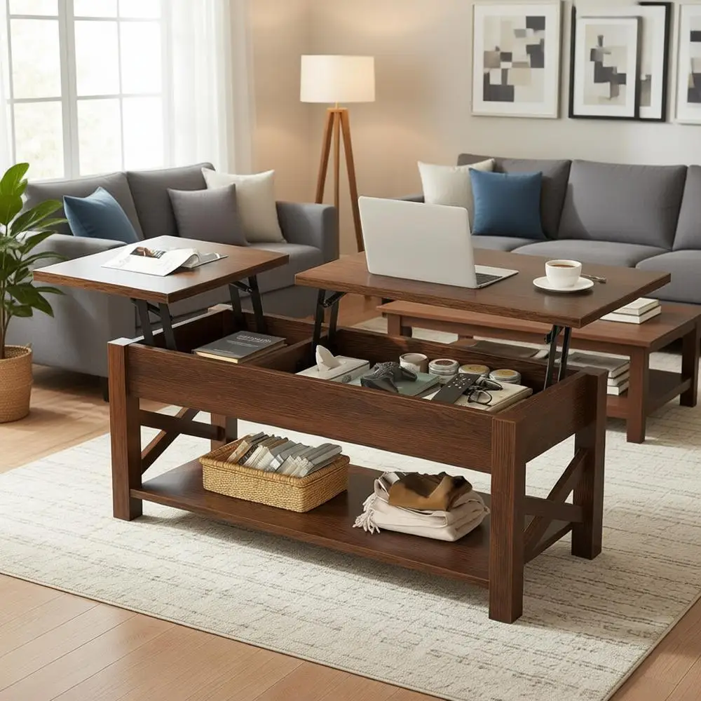 

47.2 Lit Top Coffee Table with Hidden Compartment, 2 Way Lit Top, Open Shelf & X Wood Support, Suitable for Center Table or Livi