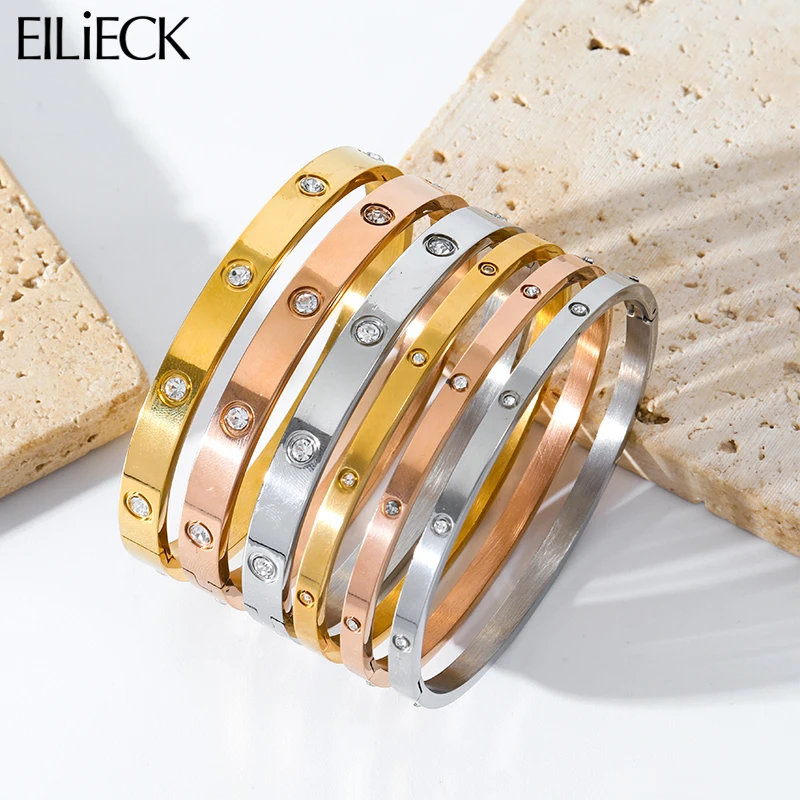 EILIECK 316L Stainless Steel Zircon Bangles Bracelets For Women Girl Trendy 3-Color Waterproof High Quality Wrist Jewelry Gift