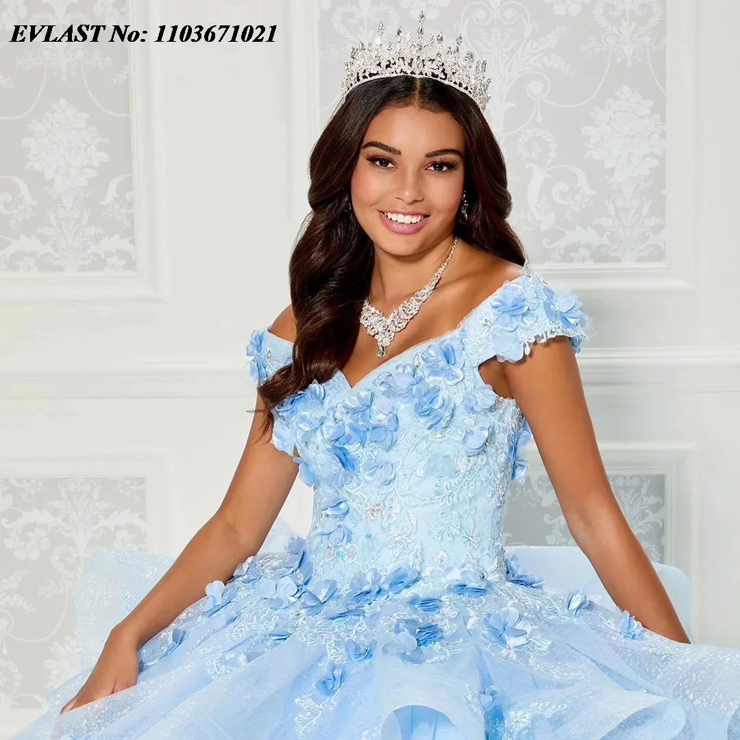 EVLAST Customized Blue Quinceanera Dress Ball Gown 3D Flowers Applique Beading Tiered Corset Sweet 16 Vestidos De 15 Anos SQ234