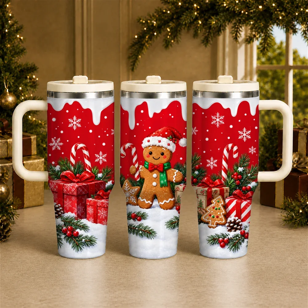 Gingerbread Holiday Red Vacuum Flasks 40oz Stainless Steel Insulated Tumbler with Handle & Straw Lid, Leakproof Travel Cup