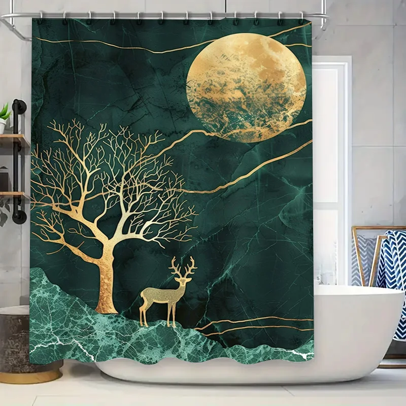 

Зеленая мраморная занавеска для душа с золотым лунным принтом оленя, водонепроницаемый декор для ванны 72x78 дюймов