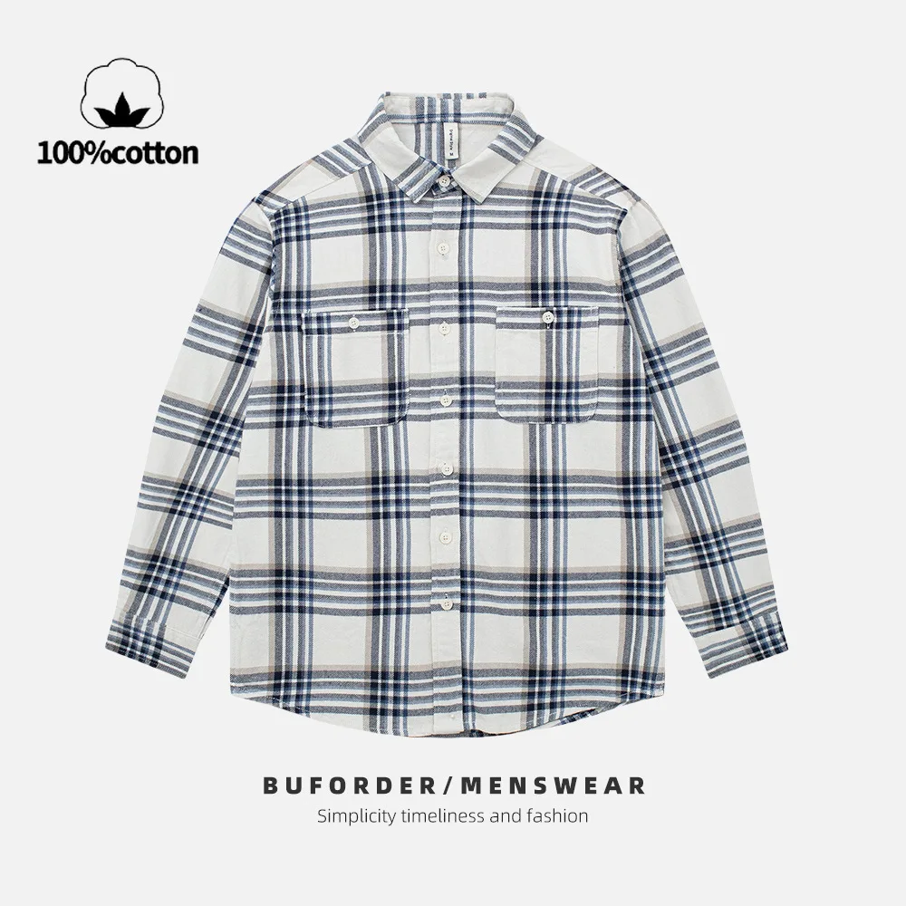 100% Cotton Checkered Long-Sleeve Shirt for Men By BUFORDER/MENSWEAR - Casual Double Pocket Design with Timeless Style