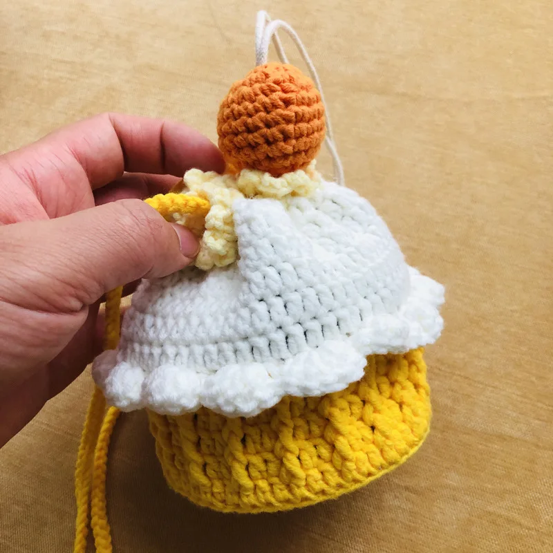 Handmade Crochet Cupcake Drawstring Crossbody Bag, Cute Cream Muffin Shape Knitted Mini Coin Purse Shoulder Bag for Girls