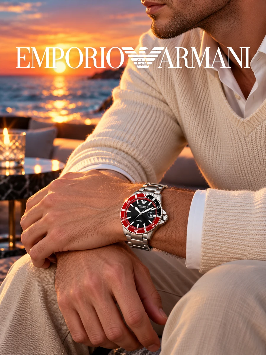 Emporio Armani AR60074 Men's Automatic Watch Silver Steel Band Black Dial Red Bezel Date Diving Sport Casual Wristwatch for Gift